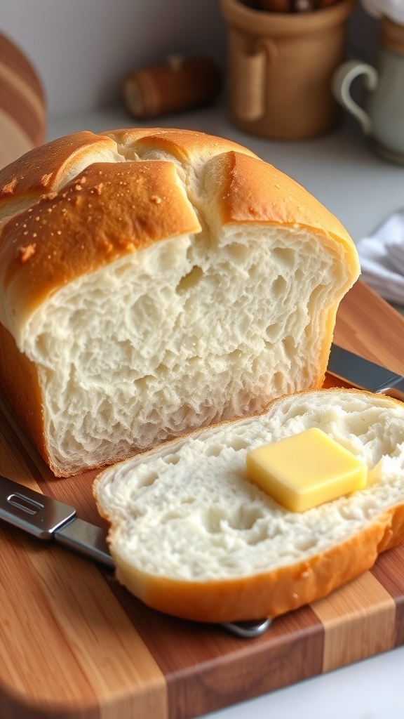 A golden brown loaf of white bread sliced on a cutting board with butter and a knife.